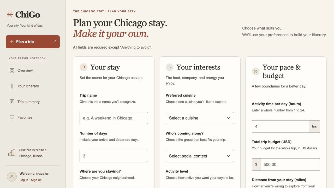 ChiGo’s live trip planner with stay, interests, pace, and budget preferences.