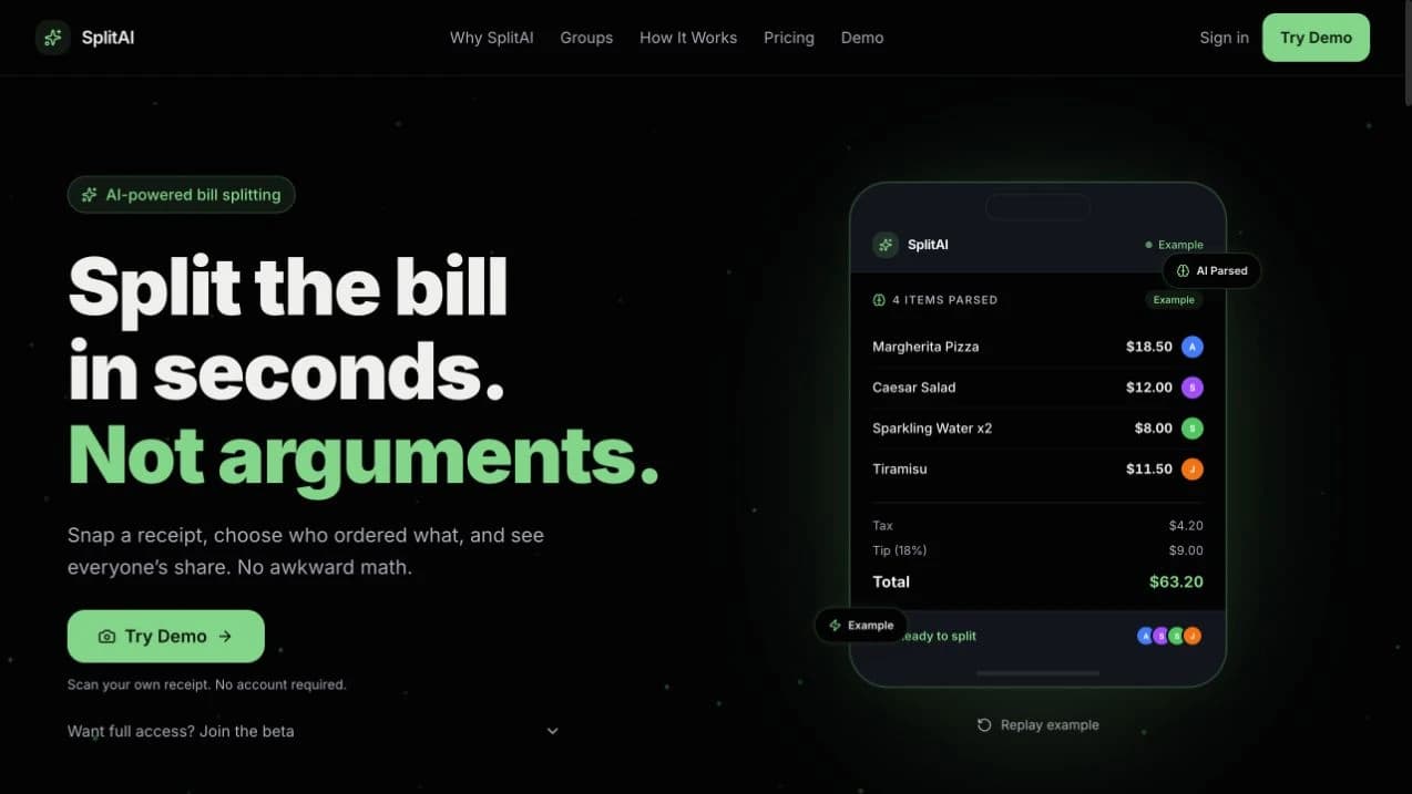 SplitAI’s live website showing an itemized receipt and bill-splitting preview.